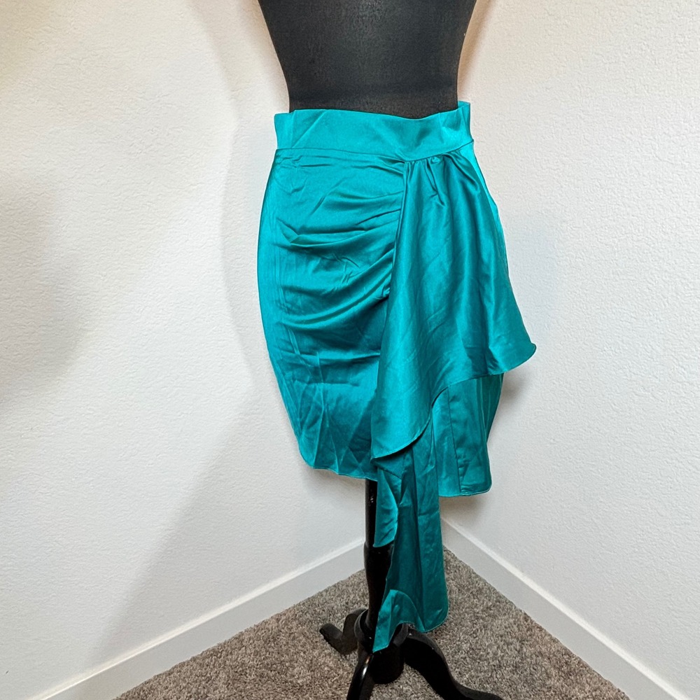 Venus Teal Satin Ruffle Draped Mini Skirt Size 6 Teal Blue Green Ruched Wrap